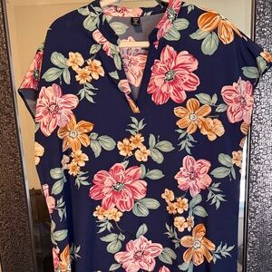 SHEIN Navy Floral Blouse with Pink and Orange Accents